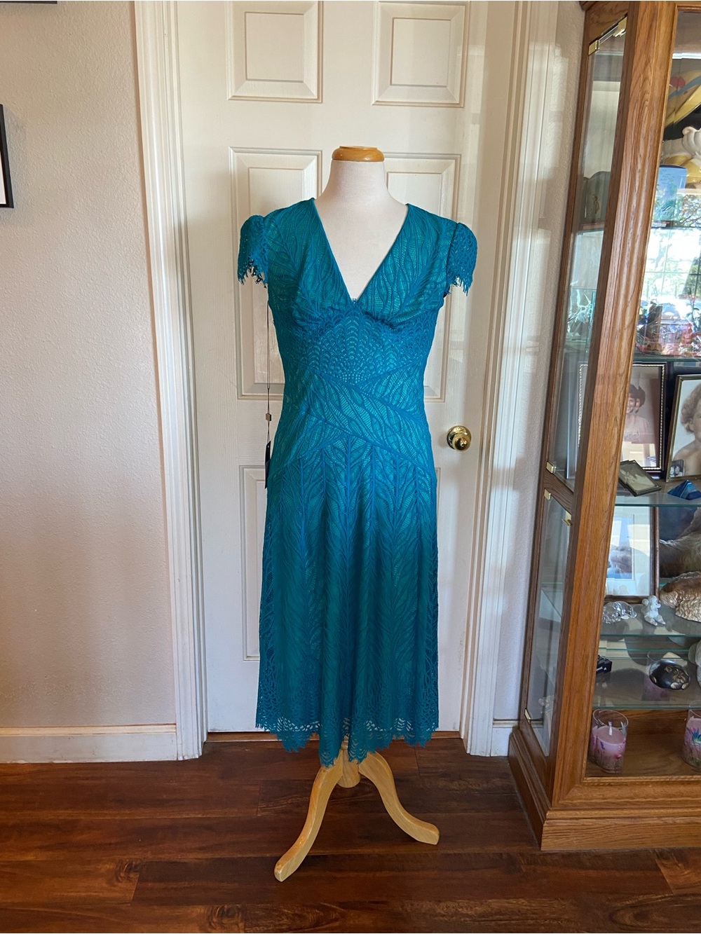 NWT Tadashi Shoji SZ 8 Emerald Lace Evening Gown Short Sleeve V-Neck Zipper